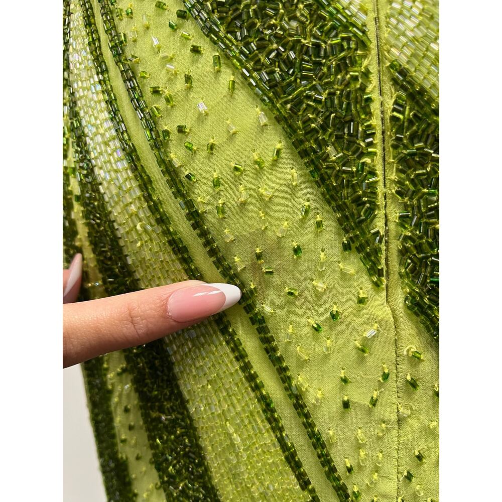 Vintage Caché Silk Beaded Halter Evening Gown Lime Green Y2K Formal Dress Large - Picture 5 of 10